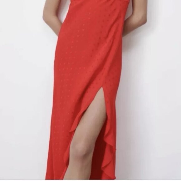 ZARA Women Red Jacquard Dotted Slip Dress Ruffle Medium Size Holiday Christmas - Picture 4 of 16